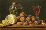 ₴ Репродукция натюрморт от 277 грн.: Орехи, оливки в стеклянной банке, частично чишенный лимон и стакан красного вина