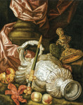 ₴ Репродукция натюрморт от 242 грн.: Серебрянные сосуды, инкрустированный золотом кинджал, гранат и персики
