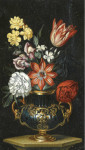 Натюрморт: Тюльпан-попугай, розы и другие цветы в вазе на выступе