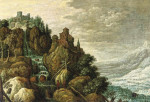 Купить репродукцию картины: Горный пейзаж с водопадом и укрепление на скалах, фигуры разговаривающие на переднем плане