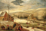 Зимний пейзаж со святым семейством, греющимся у костра