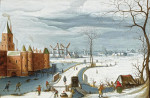 Зимний пейзаж с конькобежцами на замерзшем рву у крепости
