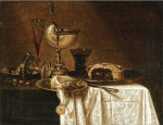 Купить картину натюрморт: Опрокинутая тацца, высокий винный стакан, открытый пирог на оловянной тарелке, частично чищенный лимон и кубок наутилус на частично драпированном столе