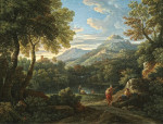 ₴ Репродукция пейзаж от 242 грн.: Итальянский пейзаж с фигурами беседующими возле озера, горы в отдалении