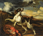 ₴ Картина натюрморт художника от 205 грн.: Пейзаж с английским спаниелем преследующим птиц, миска с мясом на переднем плане