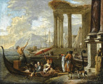 ₴ Картина бытового жанра художника от 200 грн.: Сцена в средиземноморской гавани с элегантной дамой прибывающей в гондоле