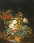 Купить картину натюрморт: Птичье гнездо, розы, утрення слава, тюльпан и другие цветы в лесном окружении