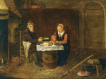 Купить картину бытовой жанр: Скромный интерьер с пожилой парой сидящими возле стола с пищей, мидиями и хлебом