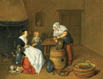 Купить картину бытовой жанр: Женщина говорящая с ее горничной в кухонном интерьере с ребенком и собакой