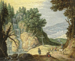 Купить репродукцию картины: Скалистый пейзаж с водопадом и путниками на дороге
