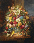 Купить от 136 грн. картину натюрморт: Цветы, канарейка и бабочка на выступе
