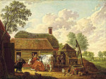 Купить картину бытовой жанр: Сцена фермы с крестьянами, крупным рогатым скотом, цыплятами и козой