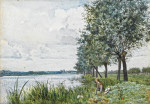 Купить картину пейзаж: Мальчик рыбачит у реки