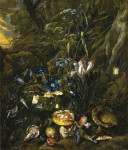 Купить картину натюрморт: Лесная подстилка с цветами, грибами, бабочками, змеей, лягушкой и стрекозой