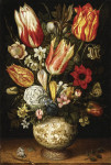 Картина натюрморт художника от 179 грн.: Тюльпаны, розы, нарциссы, крокусы, ирис, мак и другие цветы в золоченой вазе на выступе с разными бабочками