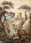 ₴ Репродукция пейзаж от 268 грн.: Итальянский пейзаж с замком, каскадом и ангелами