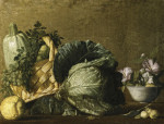 ₴ Репродукция натюрморт от 317 грн.: Кабачок и виноград в плетенной корзинке, рядом капуста, лимон и цветы в чаше