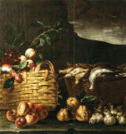 Купить картину натюрморт: Корзина с фруктами, дичью и грибами в ландшафте