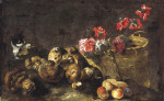 Купить картину натюрморт: Грибы, фрукты, корзина с цветами и кот