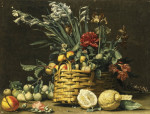 Купить картину натюрморт: Груши, яблоки, хризантемы и другие цветы в корзине рядом с двумя крупными лимонами