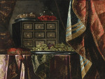₴ Репродукция натюрморт от 355 грн.: Натюрморт с сундукой, фруктами и другими предметами на драпированном столе