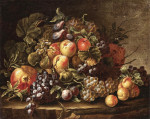 Купить картину натюрморт: Виноград, ябоки, сливы, персики и гранат на каменном выступе