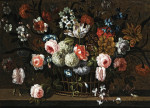 Купить натюрморт художника от 189 грн.: Розы, нарциссы, утренняя слава, гортензия, снежные шары и другие цветы в корзине на каменном выступе