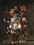 Купить натюрморт художника от 208 грн.: Тюльпаны, пионы, незабудки и другие цветы в вазе на выступе