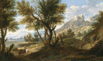 Купить репродукцию картины: Итальянский пейзаж с погонщиком на лессной дороге, река и горы в отдалении