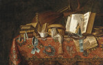 ₴ Купить натюрморт известного художника от 211 грн.: Книги, музыкальные инструменты и другие объекты на столе драпированном ориентальным ковром