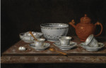 ₴ Купить натюрморт известного художника от 211 грн.: Китайский металло-керамический чайник на каменном выступе с фарфоровыми чашками и блюдцами, две чаши