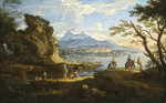 Купить картину морской пейзаж: Сцена гавани с рыбаками возвращающимися на берег, некоторыми путниками утанавливающими лагерь и два всадника на дороге, горы в отдалении
