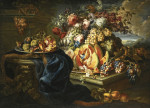 ₴ Картина натюрморт художника от 194 грн.: Сложный натюрморт с фруктами и цветами в пейзаже