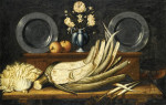 ₴ Репродукция натюрморт от 269 грн.: Артишок на выступе, две оловянные тарелки и ваза с цветами на высоком выступе