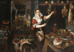 ₴ Репродукция бытовой жанр от 223 грн.: Молодая служанка в интерьере кухни, на которой висят различные виды мяса, фигуры приготовляющие пищу за пределами