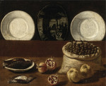 ₴ Репродукция натюрморт от 253 грн.: Тарелки, мешок заполненный оливками, дичь, гранат и айва