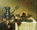 Купить от 114 грн. картину натюрморт: Кувшин, лимон, пирог и кубок наутилус на деревянном выступе