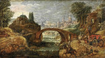 ₴ Картина бытовой жанр художника от 143 грн.: Вид на город с элегантными путниками вдоль реки