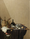Купить от 108 грн. картину натюрморт: Оловянное блюдо с устрицами и виноградом, ромером и хлебом на драпированной столешнице