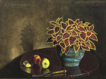 Купить натюрморт художника от 184 грн.: Натюрморт с горшком цветов и яблоками на столе