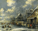 ₴ Репродукция картины пейзаж от 193 грн: Пейзаж с замершей рекой с детьми играющими на льду и фигурами возле таверны