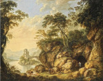 Купить от 116 грн. репродукцию картины: Скалистый речной пейзаж с фигурами беседующими на переднем плане и руины в отдалении