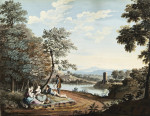 Купить от 113 грн. репродукцию картины: Пейзаж с фигурами отдыхающими у реки, башня справа и здания в отдалении