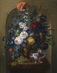 ₴ Купить репродукцию картины высокого разрешения от 189 грн. : Натюрморт цветы в урне вместе со срезанными розами в стеклянной вазе на столе в нише