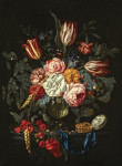 Купить от 92 грн. картину натюрморт: Тюльпаны, розы и другие цветы в стеклянной вазе с черешнями и часами на выступе
