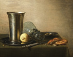 ₴ Купить натюрморт известного художника от 194 грн.: Серебрянный кубок и перевернутый ремер, хлеб, нож и лимон и оливки на тарелках