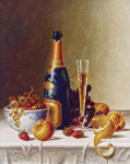 ₴ Картина натюрморт современного художника от 205 грн.: Шампанское и фрукты на скатерти