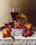 Купить от 109 грн. картину натюрморт: Красное вино и вишни на скатерти