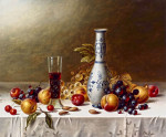 ₴ Репродукция натюрморт от 340 грн.: Делфт Ваза, красное вино и фрукты на скатерти