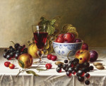 ₴ Репродукция натюрморт от 340 грн.: Красное вино и фрукты на скатерти